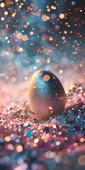 3d render of a egg with particles on a canvas of lavender lights.