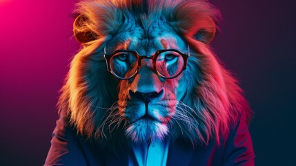 Lion Wearing Glasses and Suit in a Playful Pose