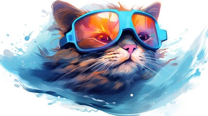 The muzzle of a stylish cat posing in sunglasses is painted with watercolors. Close portrait of furry kitty with paint splashes. Printable design for t-shirt, bag, postcard, case and other products. - obrazy, fototapety, plakaty