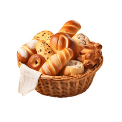 Basket with wheat bread and ears isolated over a png background