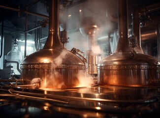 Brewery interior with stainless steel tanks and barrels