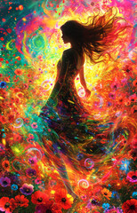 Vivid Silhouette of Woman with Flowery Gust.
Dynamic silhouette of a woman with swirling flowers and vivid colors.