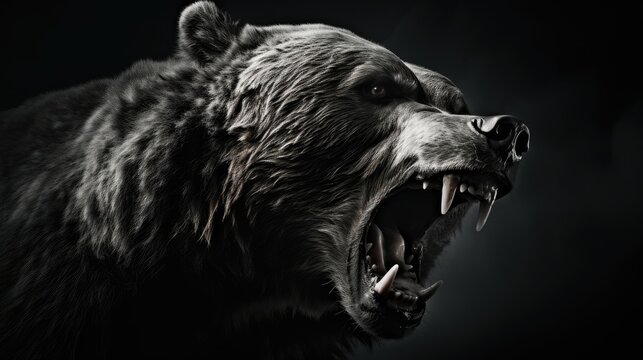 Close-up of an angry bear's face. A toothy grizzly in monochrome style. Animal in the habitat. Illustration for cover, card, postcard, interior design, banner, poster, brochure or presentation.