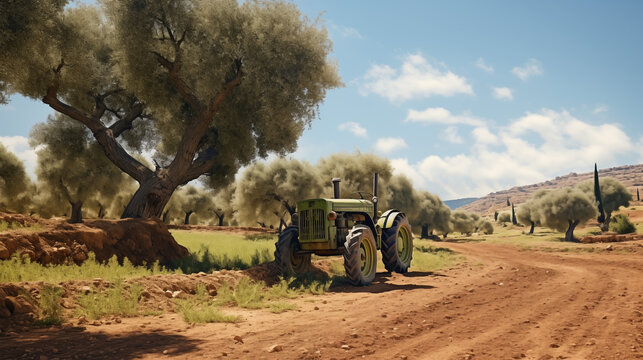 Olive trees field in Mediterranean with an abandoned old tractor 