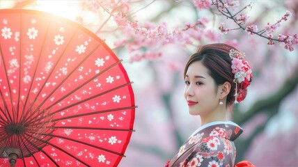 Asian woman wearing kimono with cherry blossoms,sakura in Japan	
