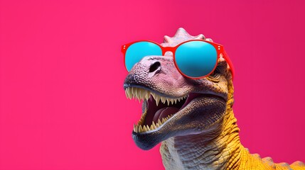 Old school cool with dinosaur wearing sunglasses in studio on vibrant background