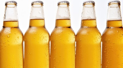 Lots of cold beer bottles with large condensation drops on them. A refreshing drink. Illustration for cover, card, postcard, interior design, poster, brochure, advertising, marketing or presentation.