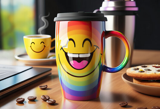 Mug &agrave; caf&eacute; arc en ciel avec un smiley
