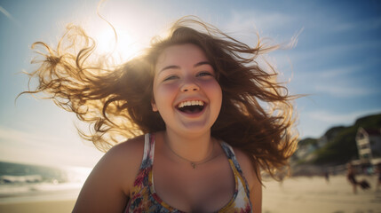 A happy teenage girl, enjoying the beauty of the beach on a sunny summer day, with the refreshing sea breeze, blue sky, and smiles capturing the joyous moment