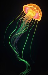 Artistic Beautiful Neon Jellyfish in Deep Dark Ocean Background