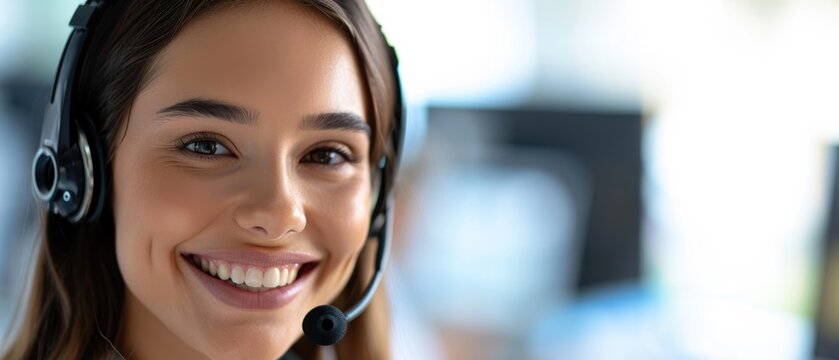 happy female contract service representative telemarketing operator smiling to camera. Happy beautiful woman call center agent or salesman wearing headset working in customer support office