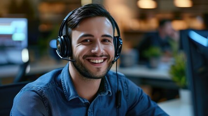 happy Male contract service representative telemarketing operator smiling to camera. Happy man call center agent or salesman wearing headset working in customer support office.