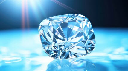 Close-up cushion cut diamond with caustics rays on light blue background	
