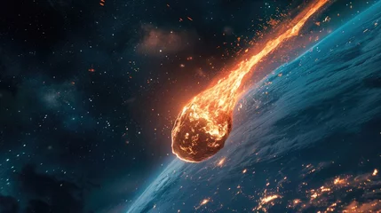 Deurstickers a huge gigantic burning asteroid in space flyng towards the planet earth, meteorite © khwanchai