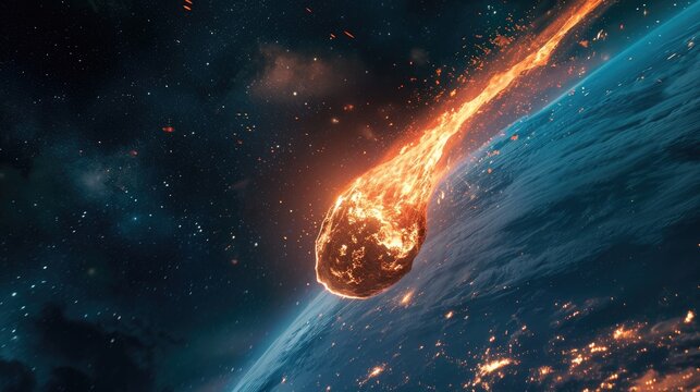 a huge gigantic burning asteroid in space flyng towards the planet earth, meteorite