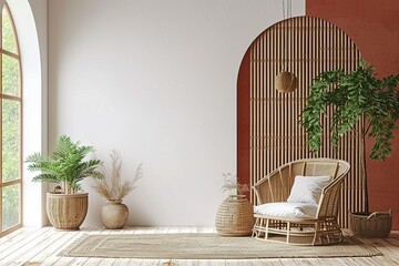 Boho cozy living room design, bright wall mockup, 3d render, 3d illustration. generative ai.