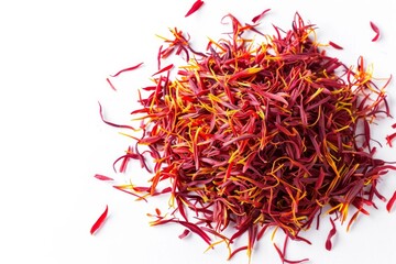 Naklejka premium Heap of aromatic saffron on white background, top view