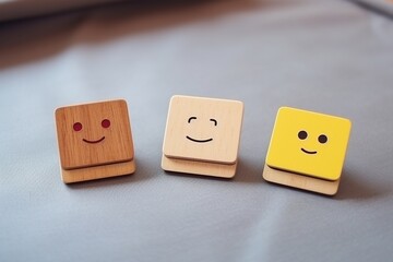 Wooden label with happy normal and sad face icons for experience survey services and products review concept