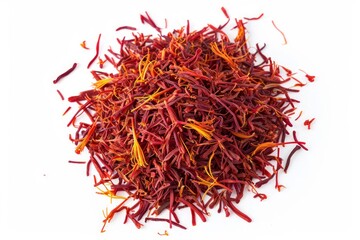 Fototapeta premium Heap of aromatic saffron on white background, top view