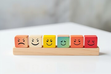 Wooden label with happy normal and sad face icons for experience survey services and products review concept