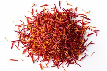Fototapeta premium Heap of aromatic saffron on white background, top view