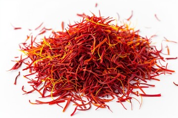 Naklejka premium Heap of aromatic saffron on white background, top view