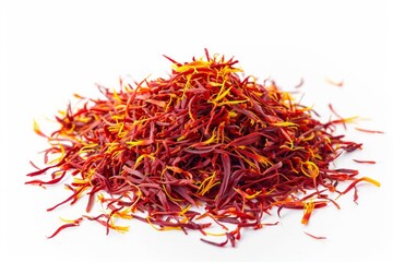 Fototapeta premium Heap of aromatic saffron on white background, top view