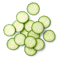 Stack of fresh cucumber slices isolated on white background