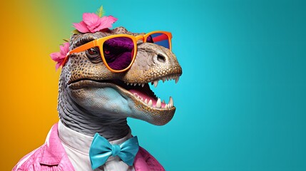Old school cool with dinosaur wearing sunglasses in studio on vibrant background
