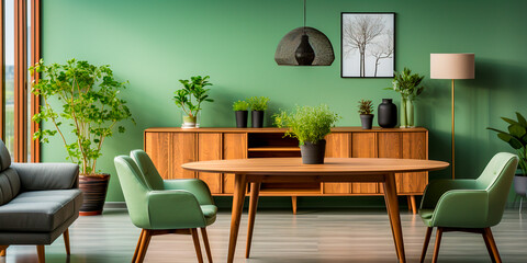 Mint chairs add a pop of color to the dining area. A round wooden dining table adds a touch of warmth and elegance. A sofa and wardrobe provide additional seating and storage. - obrazy, fototapety, plakaty
