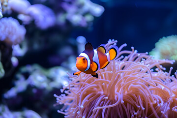Naklejka na ściany i meble Sea anemone and clown fish in marine aquarium.