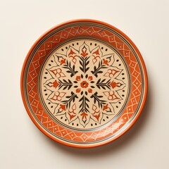 Decorative Moroccan ceramic hand painted plate, handmade, isolated, closeup top view.