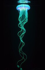 Artistic Beautiful Neon Jellyfish in Deep Dark Ocean Background