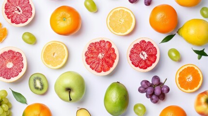 Pattern of various fresh fruits isolated on white background, top view, flat lay. Composition of food, concept of healthy eating. Food texture

