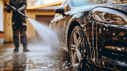 Man washing a black car, its surface adorned with soap suds, using a high-pressure washer - obrazy, fototapety, plakaty