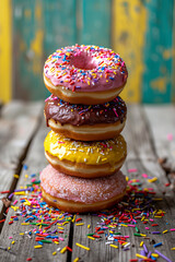 Stack of four assorted donuts adorned with various toppings, set against a rustic wooden surface sprinkled with colorful jimmies.