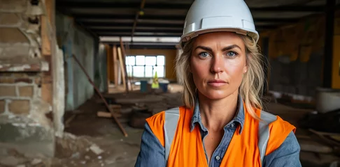 Foto op Canvas Woman in construction attire, including a white helmet and orange safety vest, standing confidently in an under-construction interior space. © eugenegg