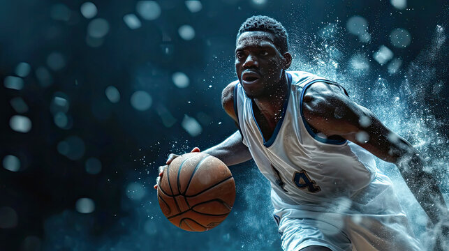 African basketball player in action on dark background with copy space.Generative AI