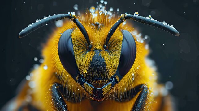 Bee under microscope macro portrait, isolated on black background.Generative AI