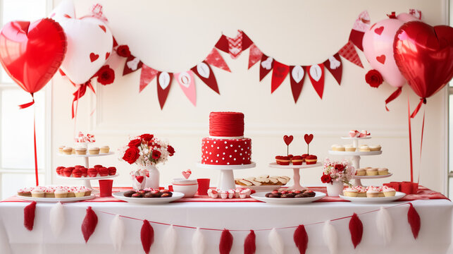 Beautiful St Valentines Day party table with showstopper red, white and pink hearts double layer cake, with white chocolate frosting.
