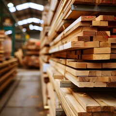  large stack of wooden planks in a warehouse or workshop area with a blurred background of wood planks - obrazy, fototapety, plakaty