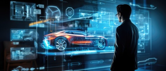 engineer checking and touching on auto design hologram in lab, Diagnostic Auto in HUD style on big screen, EV car concept, Generative AI