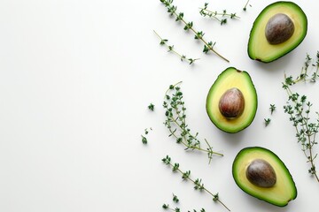 Top view of hass avocado and thyme on white background, healthy food - obrazy, fototapety, plakaty