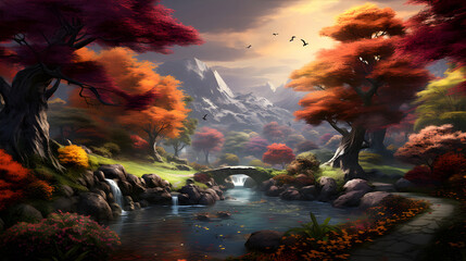 Fototapeta premium Illustration watercolor autumn landscape with colorful fall foliage trees 