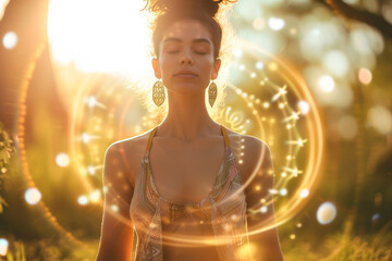 A woman practicing yoga meditation in nature, reaching mindfulness, spiritual awareness and nirvana, surrounded by mystical lights effects