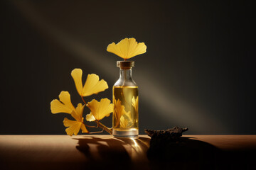 Ginkgo biloba essential extract in a decorative bottle with leaves. Minimal neutral herbal or natural medicine arrangement. Ginkgo biloba. - obrazy, fototapety, plakaty