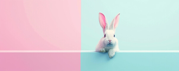Obraz premium Creative composition in bright pastel colors with an adorable Easter Bunny. Spring holidays and Easter greeting card.