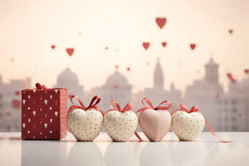 Aesthetic background for Valentine's Day with hearts and gifts. Soft pastel colors and polka dot.