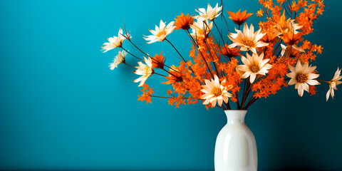 Beautiful vase made of orange glass and white ceramics. A bouquet of wildflowers adds a pop of color. Ideal for use as a centerpiece or decorative accent. Copy space on blue wall