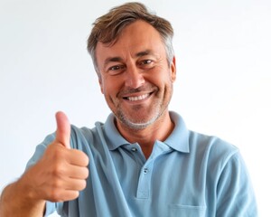 Happy man smiles gives a thumbs up isolated on white, age acceptance image